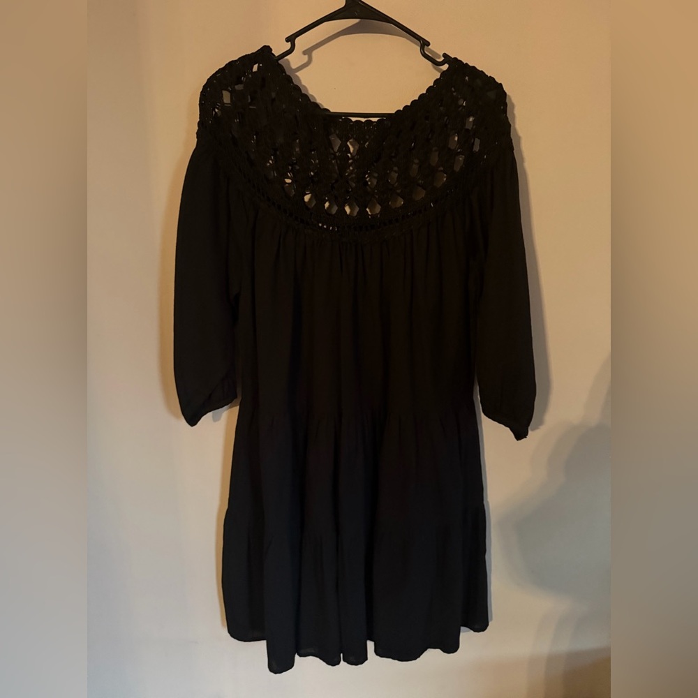 Valerie Khalfon Paris Black Crochet Lace Yoke Tiered Mini Dress Size 40
